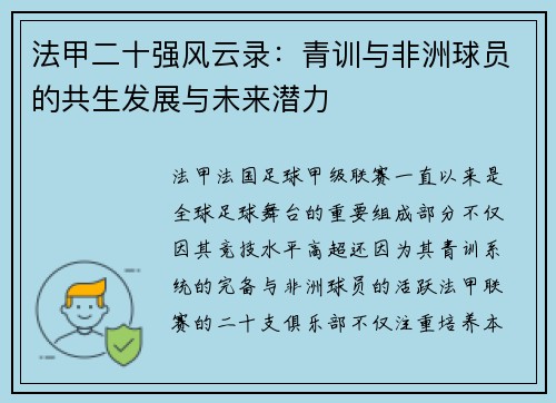 法甲二十强风云录：青训与非洲球员的共生发展与未来潜力